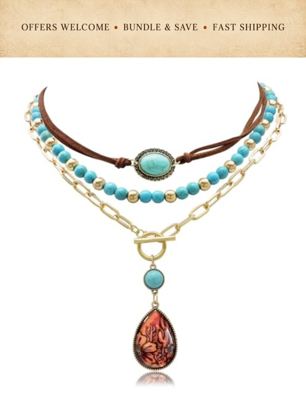 Layered Western Necklace Set 3 Pcs Turquoise Beaded Rhinestone Cowgirl Choker